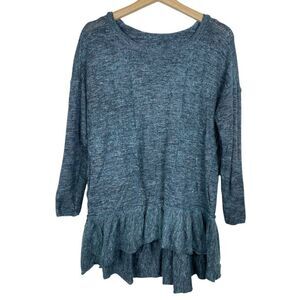 Free People Women Sweater S Alpaca Wool Linen Blue Gray Ruffle‎ Hem Hooded Boho